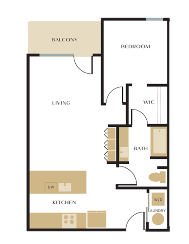 Floor plan for 1 bed, 1 bath, 764 sqft